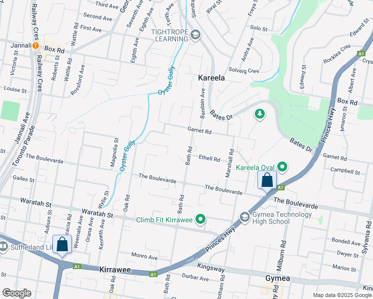 map of restaurants, bars, coffee shops, grocery stores, and more near 41 Bath Road in Kirrawee