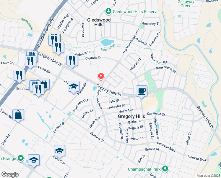 map of restaurants, bars, coffee shops, grocery stores, and more near 6 Whitfield Street in Gledswood Hills