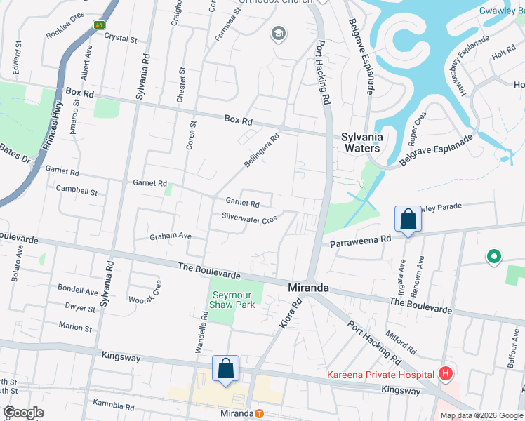 map of restaurants, bars, coffee shops, grocery stores, and more near 6 Garnet Road in Miranda