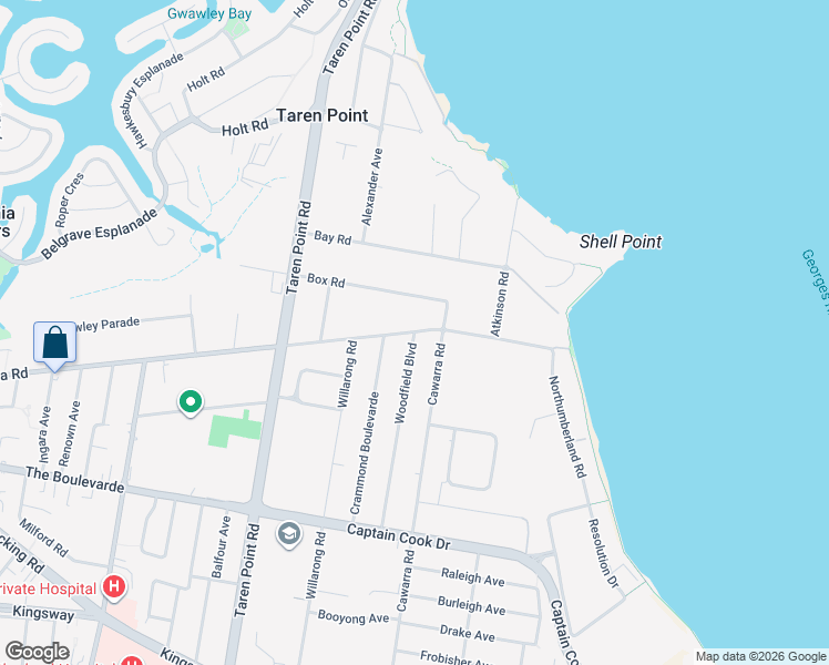 map of restaurants, bars, coffee shops, grocery stores, and more near Parraweena Road in Caringbah
