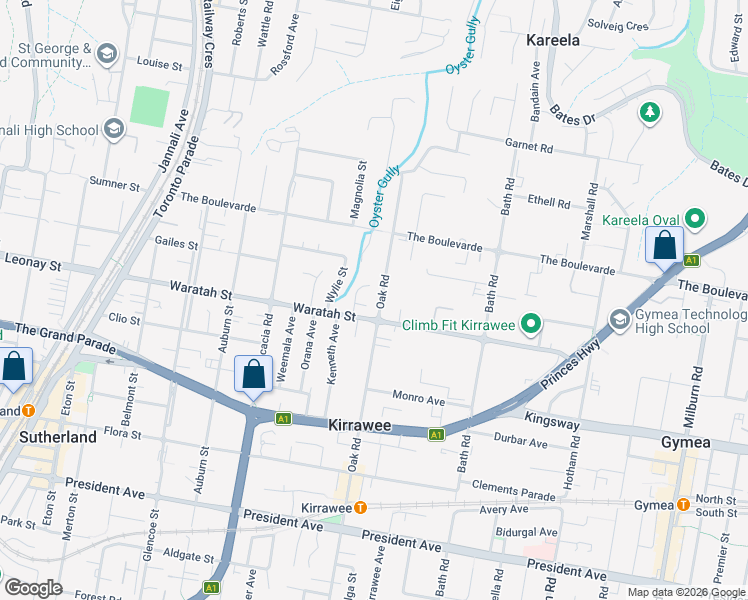 map of restaurants, bars, coffee shops, grocery stores, and more near 14 Birch Place in Kirrawee