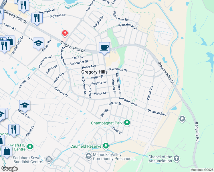 map of restaurants, bars, coffee shops, grocery stores, and more near 102 Village Circuit in Gregory Hills