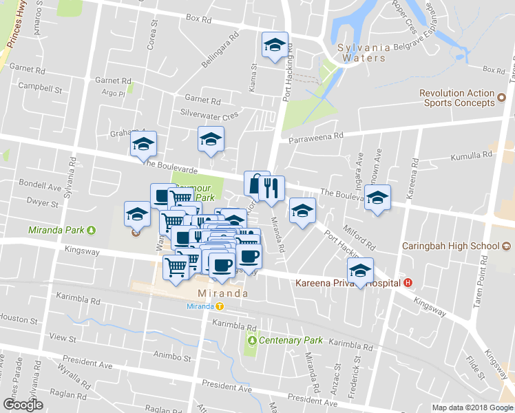 map of restaurants, bars, coffee shops, grocery stores, and more near 12-14 Kiora Road in Miranda