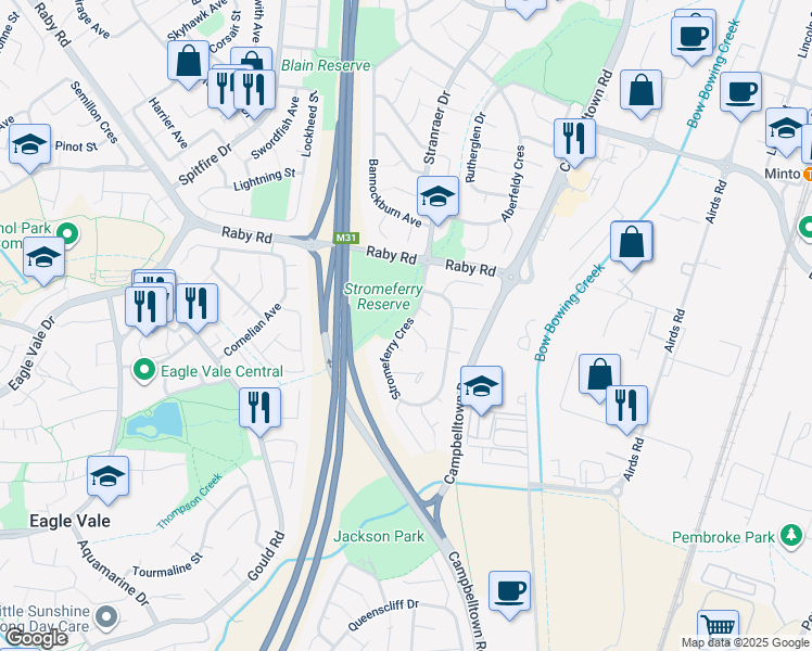 map of restaurants, bars, coffee shops, grocery stores, and more near Stromeferry Crescent in Saint Andrews