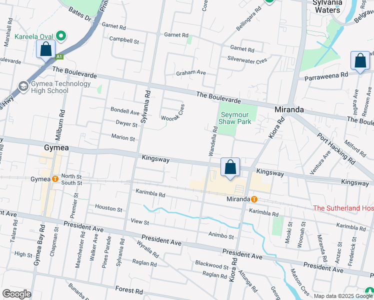 map of restaurants, bars, coffee shops, grocery stores, and more near 637 Kingsway in Miranda