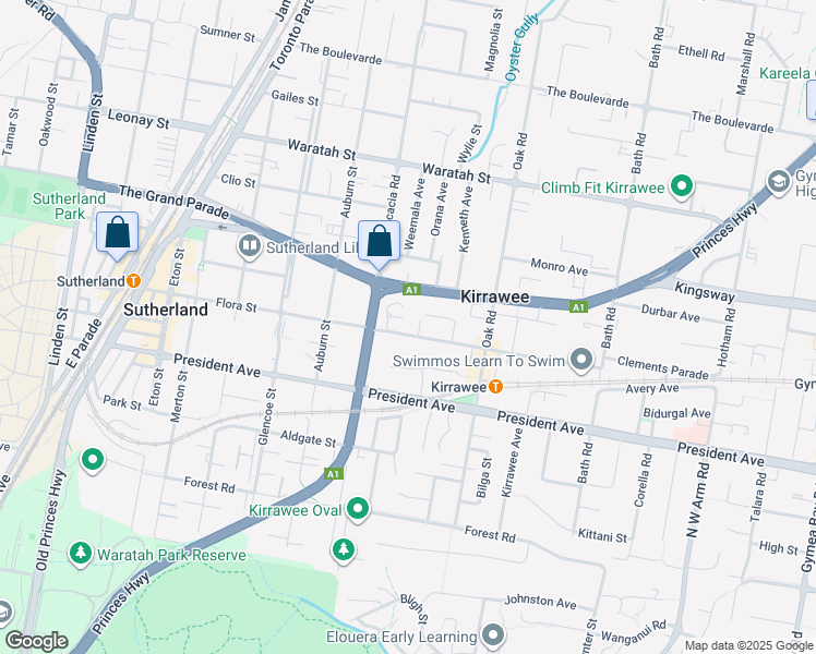 map of restaurants, bars, coffee shops, grocery stores, and more near 73 Flora Street in Kirrawee