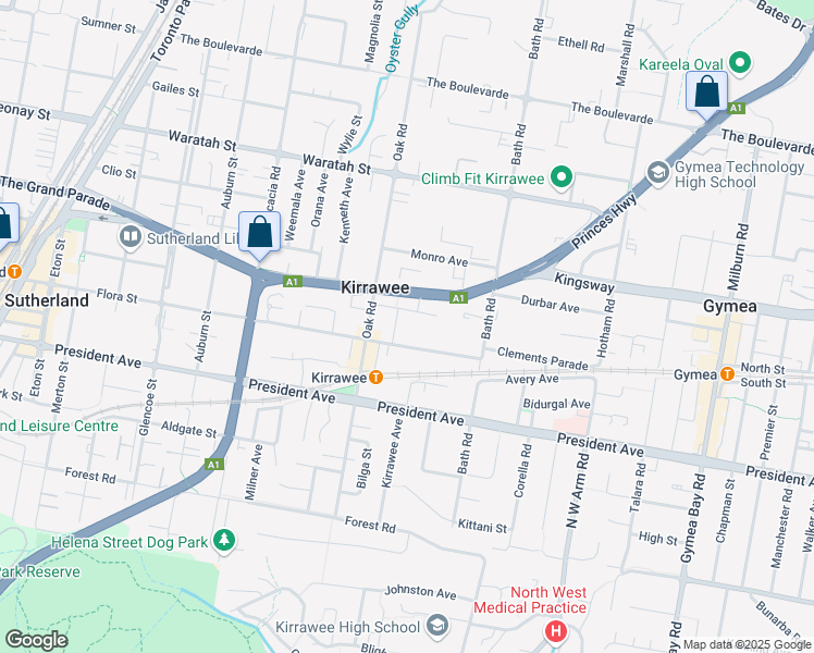 map of restaurants, bars, coffee shops, grocery stores, and more near 35 Flora Street in Kirrawee