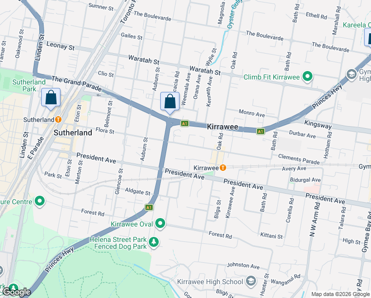 map of restaurants, bars, coffee shops, grocery stores, and more near 78 Flora Street in Kirrawee