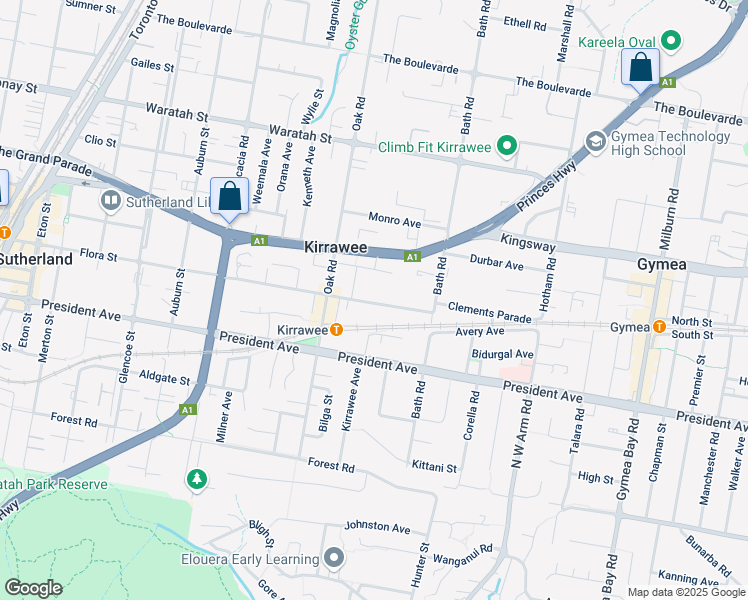 map of restaurants, bars, coffee shops, grocery stores, and more near 35 Flora Street in Kirrawee