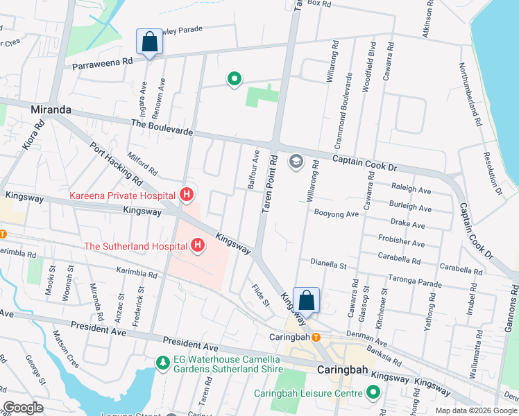 map of restaurants, bars, coffee shops, grocery stores, and more near 283 Taren Point Road in Caringbah