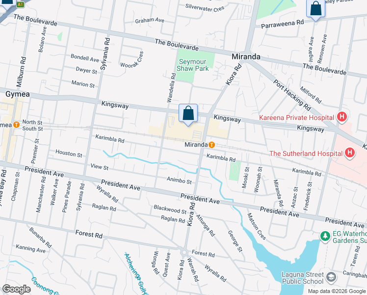 map of restaurants, bars, coffee shops, grocery stores, and more near 99-111 Karimbla Road in Miranda