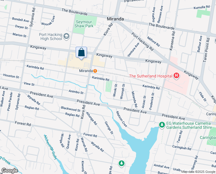 map of restaurants, bars, coffee shops, grocery stores, and more near 66-74 Karimbla Road in Miranda