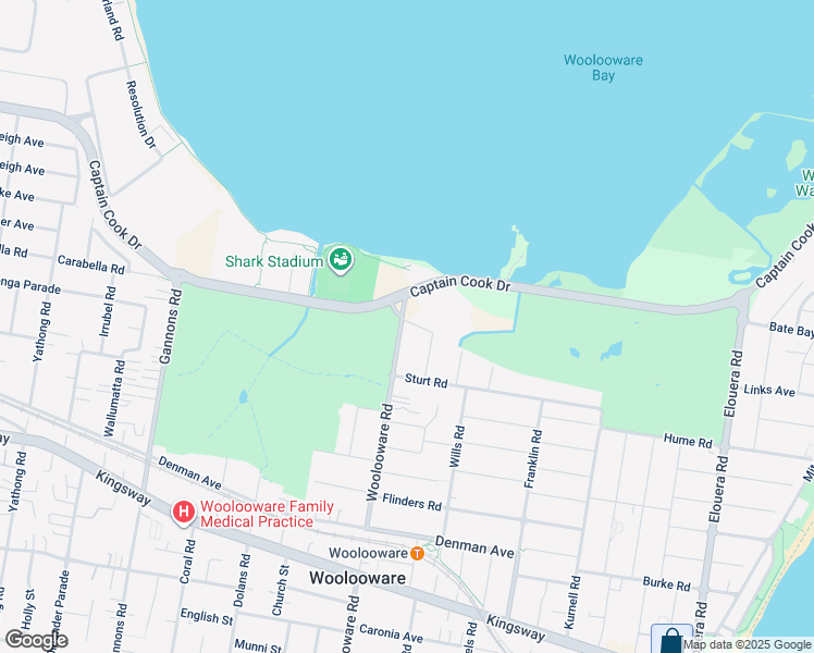 map of restaurants, bars, coffee shops, grocery stores, and more near 2 Woolooware Road in Woolooware