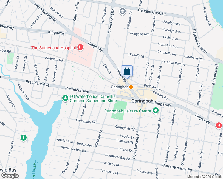 map of restaurants, bars, coffee shops, grocery stores, and more near 171 Willarong Road in Caringbah