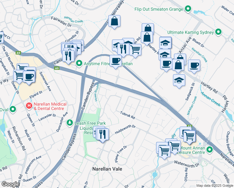 map of restaurants, bars, coffee shops, grocery stores, and more near 67 Liquidamber Drive in Narellan Vale