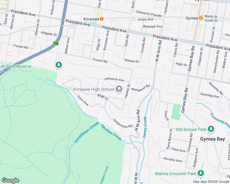 map of restaurants, bars, coffee shops, grocery stores, and more near 21 Hunter Street in Kirrawee