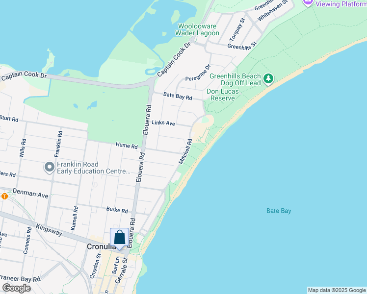 map of restaurants, bars, coffee shops, grocery stores, and more near 47 Mitchell Road in Cronulla