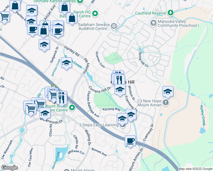 map of restaurants, bars, coffee shops, grocery stores, and more near 17 Manchester Way in Currans Hill