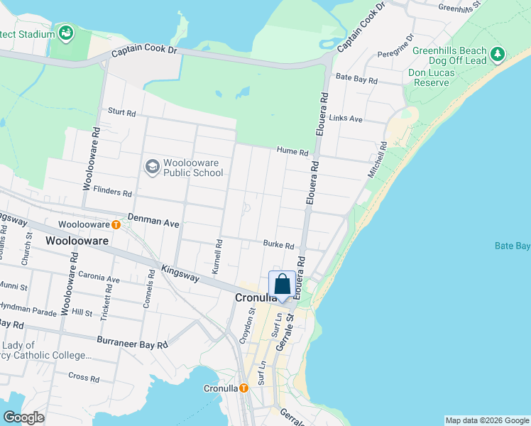 map of restaurants, bars, coffee shops, grocery stores, and more near 46 Seaview Street in Cronulla