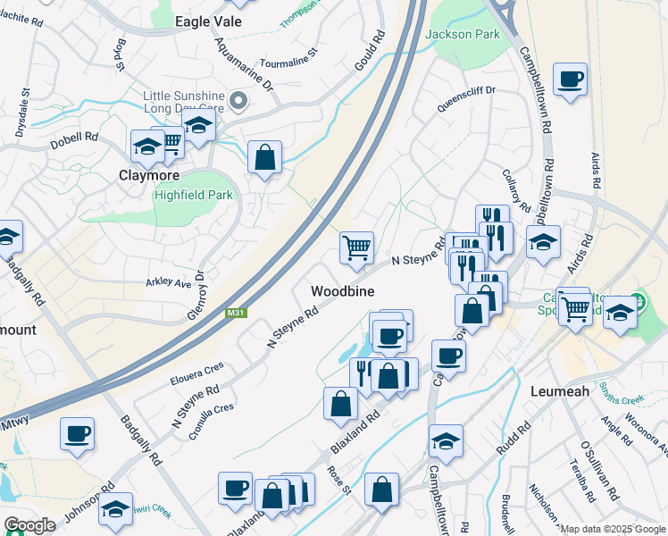 map of restaurants, bars, coffee shops, grocery stores, and more near 41 Bundeena Road in Woodbine