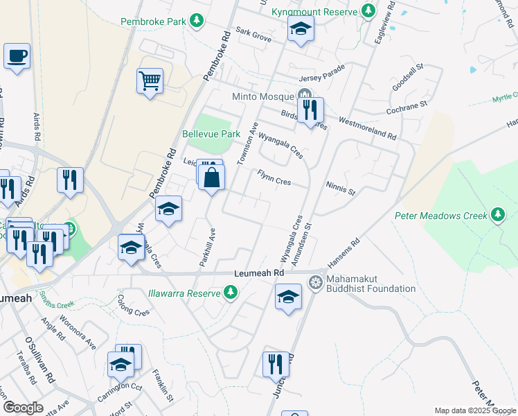 map of restaurants, bars, coffee shops, grocery stores, and more near 1 Albert Place in Leumeah