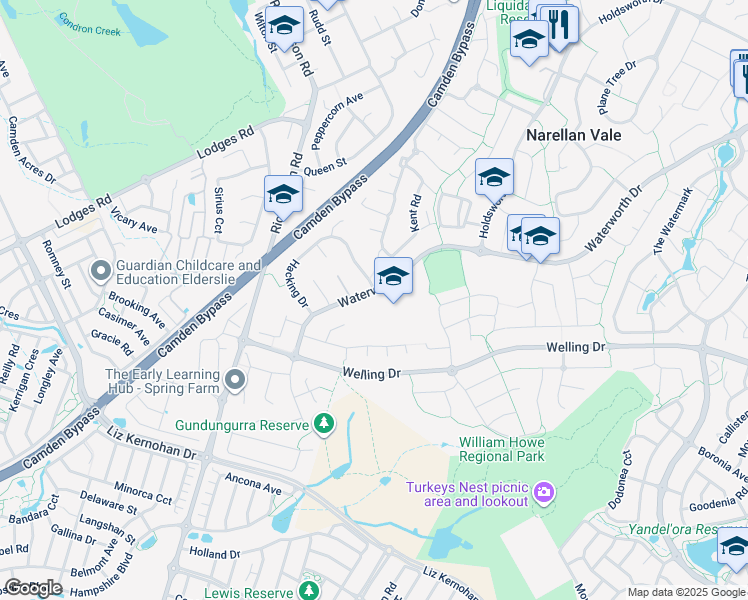 map of restaurants, bars, coffee shops, grocery stores, and more near 38 Waterworth Drive in Narellan Vale