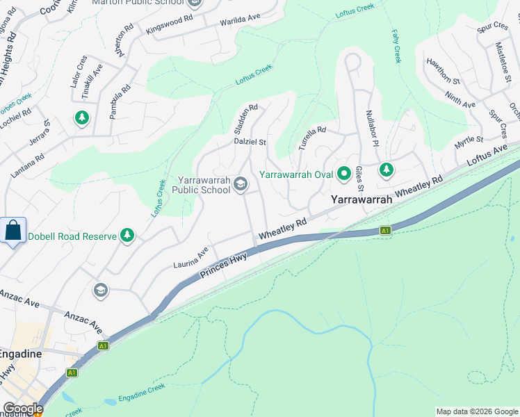 map of restaurants, bars, coffee shops, grocery stores, and more near 25 Bridgeview Road in Yarrawarrah