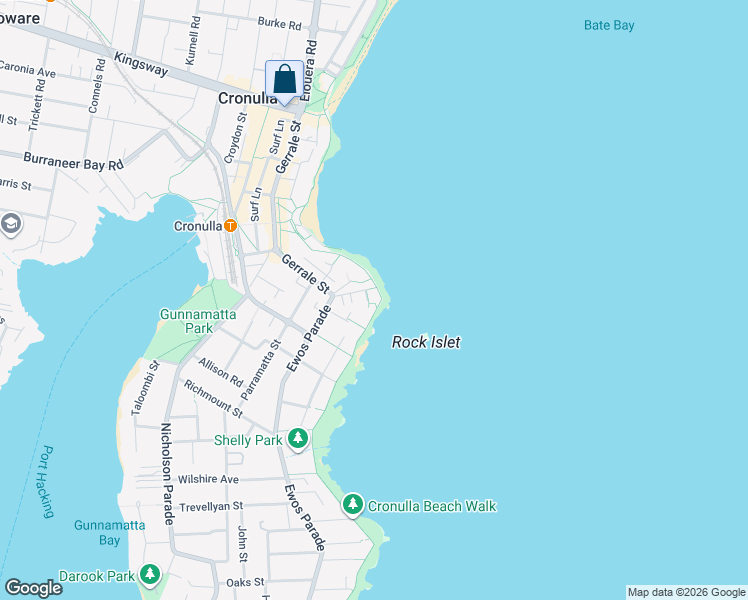 map of restaurants, bars, coffee shops, grocery stores, and more near 25 The Esplanade in Cronulla