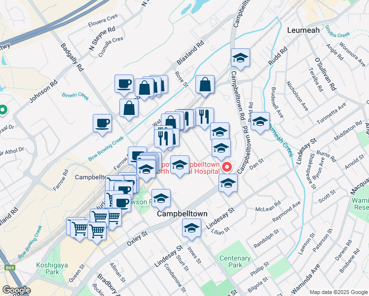 map of restaurants, bars, coffee shops, grocery stores, and more near 9 Warby Street in Campbelltown