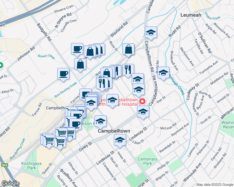 map of restaurants, bars, coffee shops, grocery stores, and more near 11 Warby Street in Campbelltown