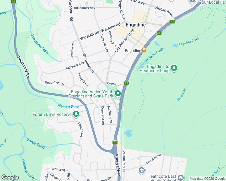 map of restaurants, bars, coffee shops, grocery stores, and more near 1148 Old Princes Highway in Engadine