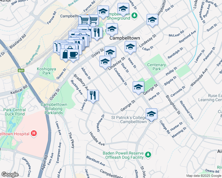 map of restaurants, bars, coffee shops, grocery stores, and more near 102 Dumaresq Street in Campbelltown
