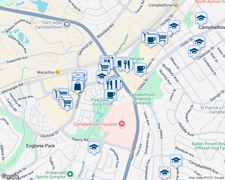 map of restaurants, bars, coffee shops, grocery stores, and more near 4 Hyde Parade in Campbelltown