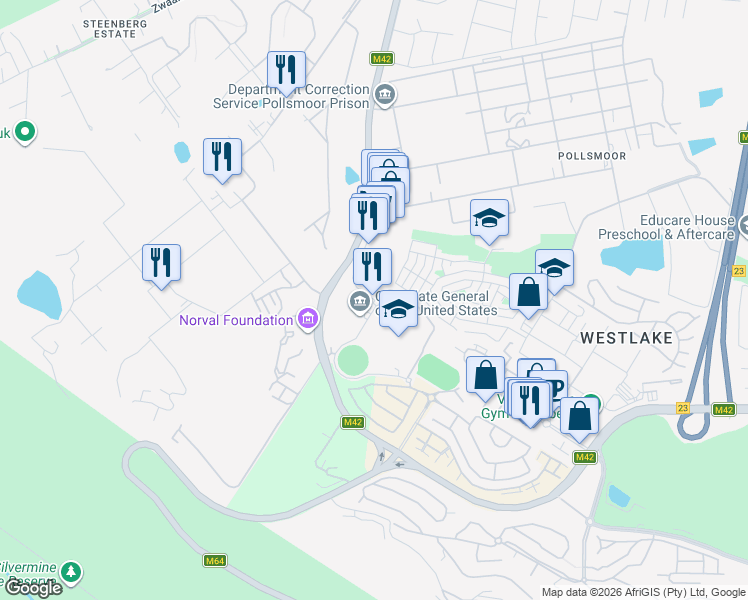 map of restaurants, bars, coffee shops, grocery stores, and more near Reddam Avenue in Cape Town