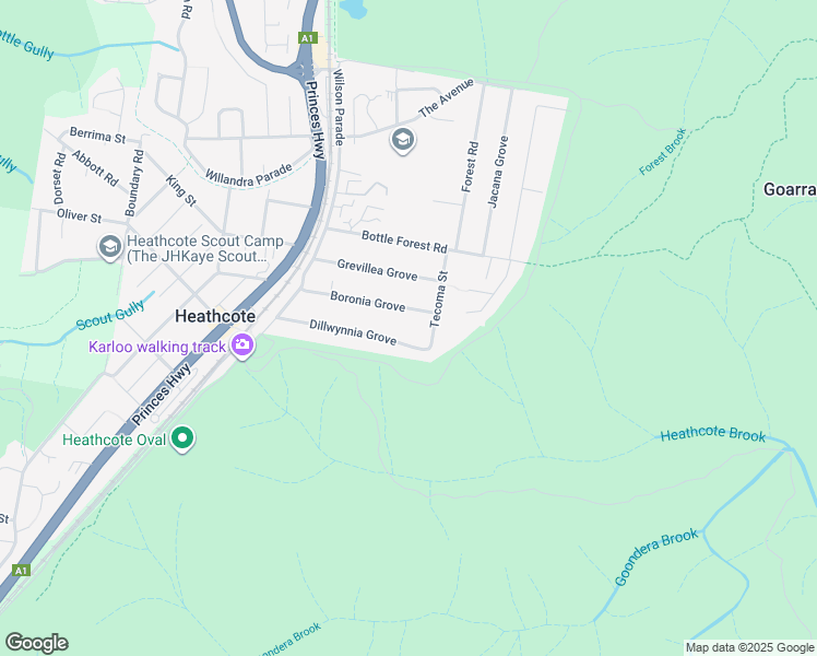 map of restaurants, bars, coffee shops, grocery stores, and more near 1 Dillwynnia Grove in Heathcote