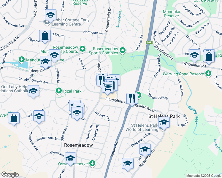 map of restaurants, bars, coffee shops, grocery stores, and more near Thomas Rose Drive in Rosemeadow
