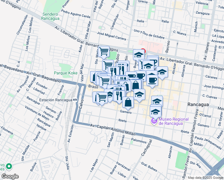 map of restaurants, bars, coffee shops, grocery stores, and more near 912 Brasil in Rancagua