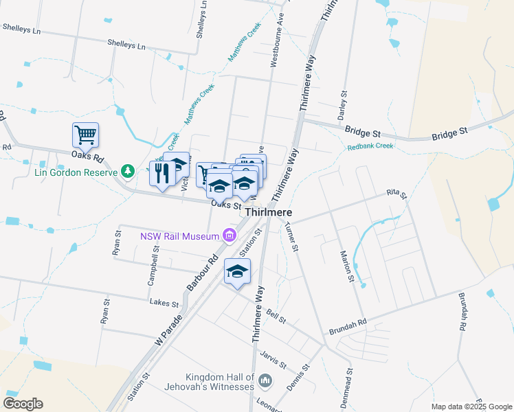 map of restaurants, bars, coffee shops, grocery stores, and more near Jarvis Street in Thirlmere