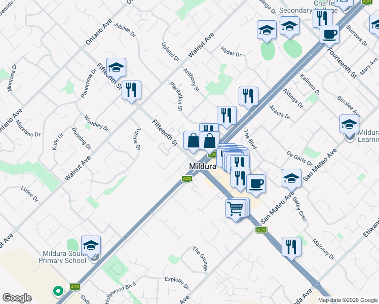 map of restaurants, bars, coffee shops, grocery stores, and more near 849 Fifteenth Street in Mildura