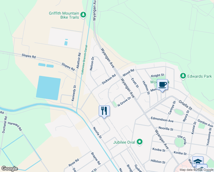 map of restaurants, bars, coffee shops, grocery stores, and more near LOT 84 Robrick Close in Griffith