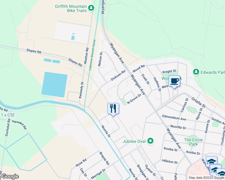 map of restaurants, bars, coffee shops, grocery stores, and more near 4 Robrick Close in Griffith