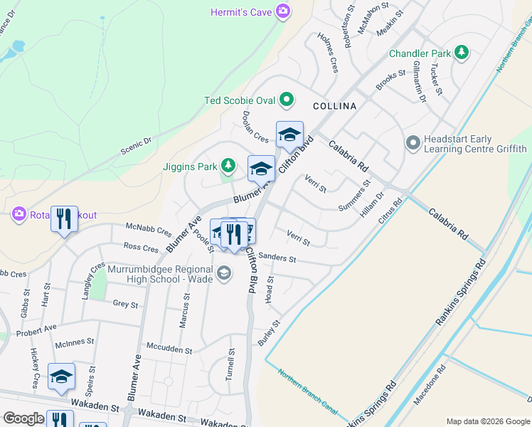 map of restaurants, bars, coffee shops, grocery stores, and more near 79 Clifton Boulevard in Griffith