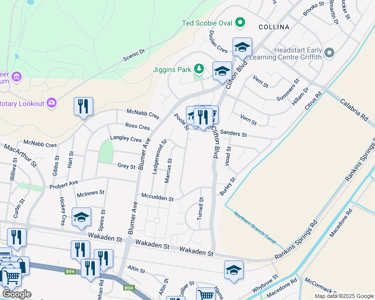 map of restaurants, bars, coffee shops, grocery stores, and more near Poole Street in Griffith