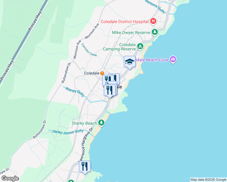 map of restaurants, bars, coffee shops, grocery stores, and more near 737 Lawrence Hargrave Drive in Coledale