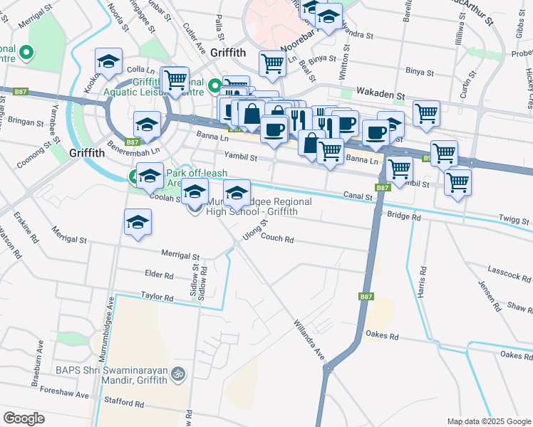 map of restaurants, bars, coffee shops, grocery stores, and more near Coolah Street in Griffith