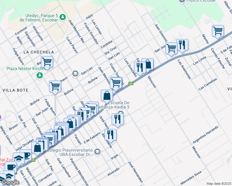 map of restaurants, bars, coffee shops, grocery stores, and more near Avenida General San Martín in Belén de Escobar