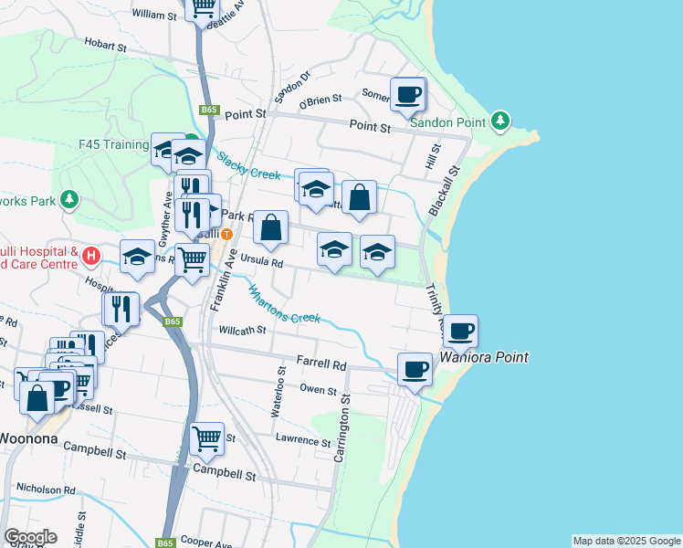 map of restaurants, bars, coffee shops, grocery stores, and more near Ursula Road in Bulli