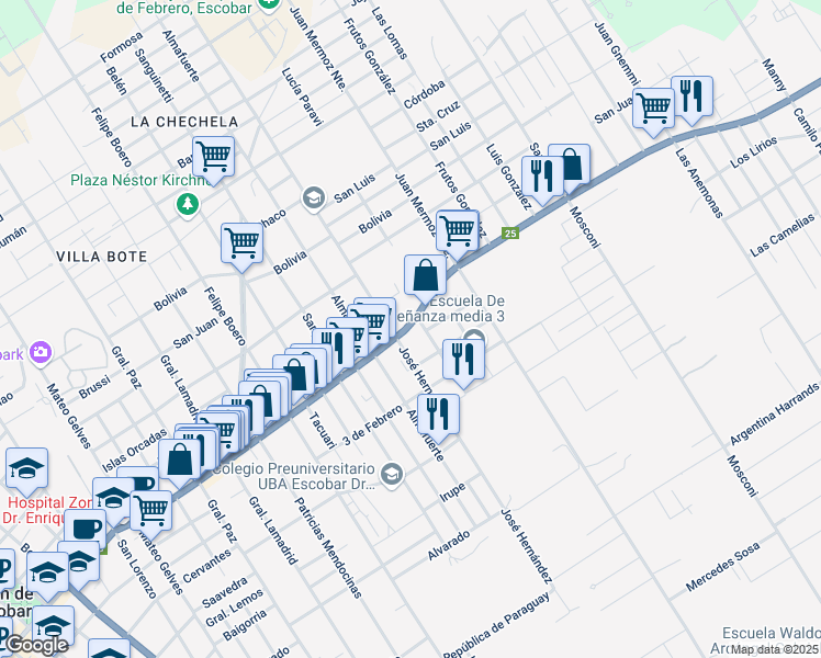 map of restaurants, bars, coffee shops, grocery stores, and more near Avenida General San Martín in Belén de Escobar