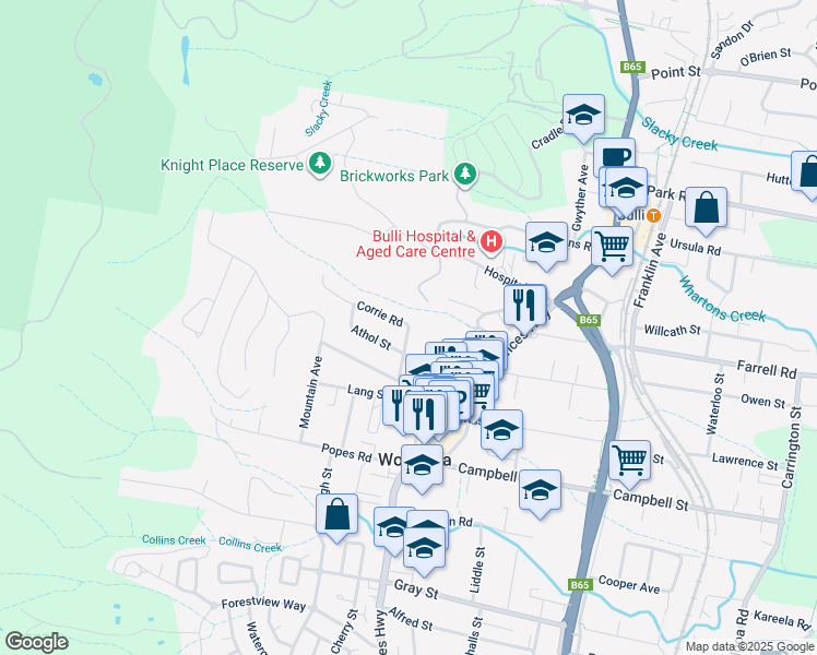 map of restaurants, bars, coffee shops, grocery stores, and more near McKinnon Street in Bulli