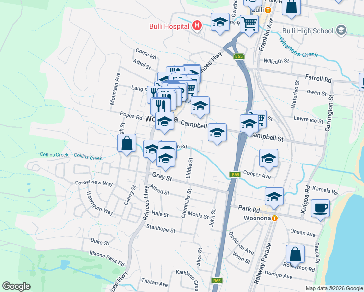 map of restaurants, bars, coffee shops, grocery stores, and more near Nicholson Road in Woonona